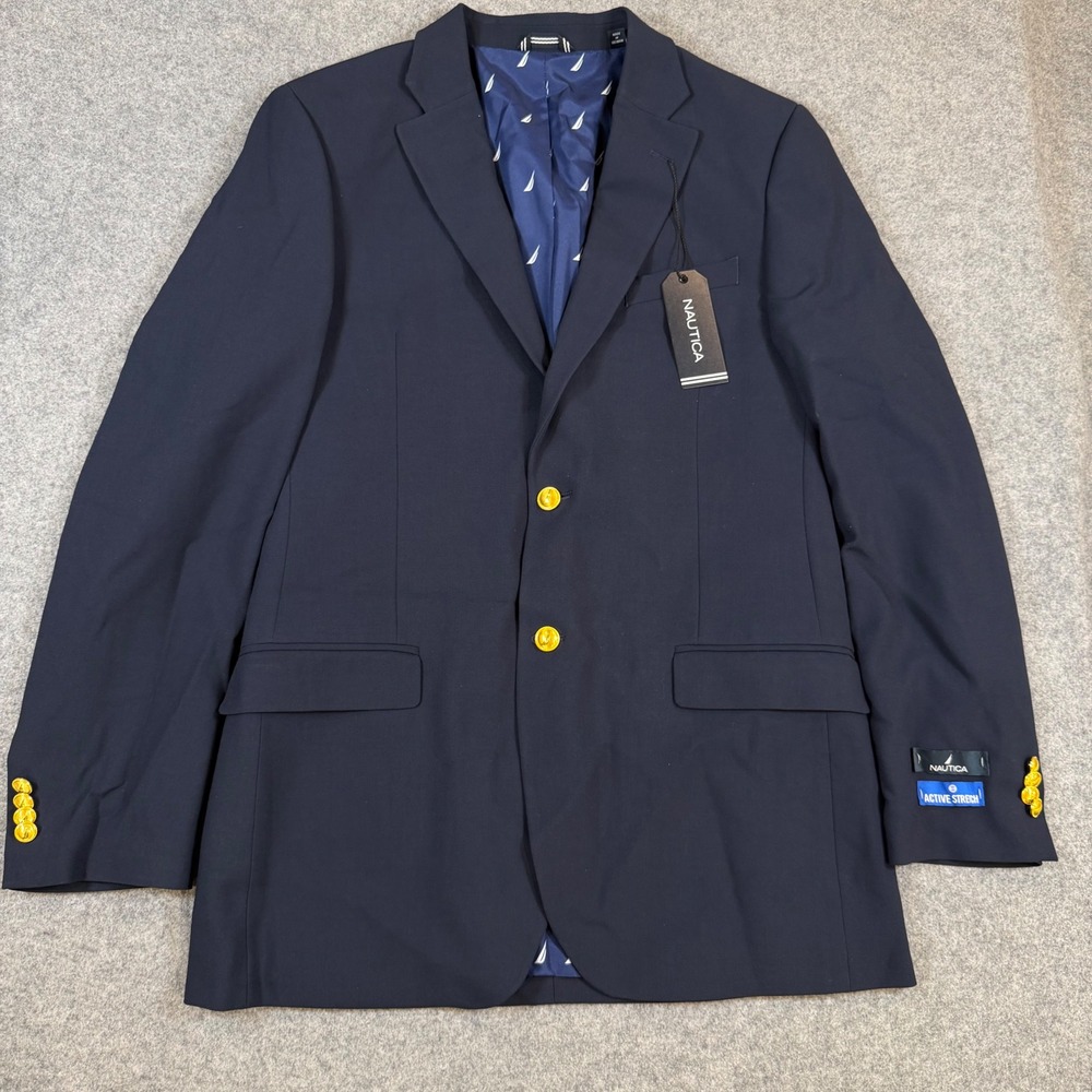 Nautica Mens Branford Navy Active Stretch Blazer Jacket 40L NF353 Gold Button
